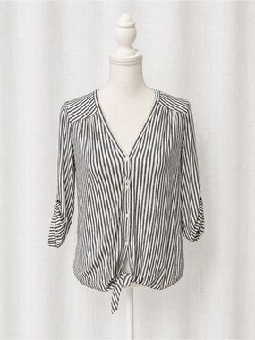 Max Studio Black and White Striped Button-Front Tie Blouse